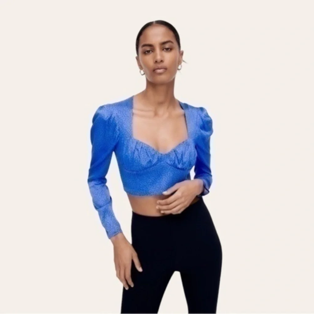 Zara Satin Blue Dot Cropped Long Sleeve Top ✨